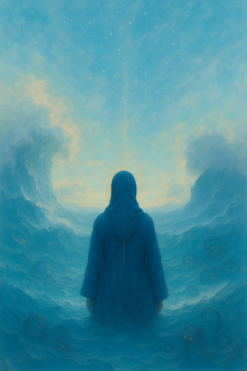 Silhouette of a woman in hijab against the light